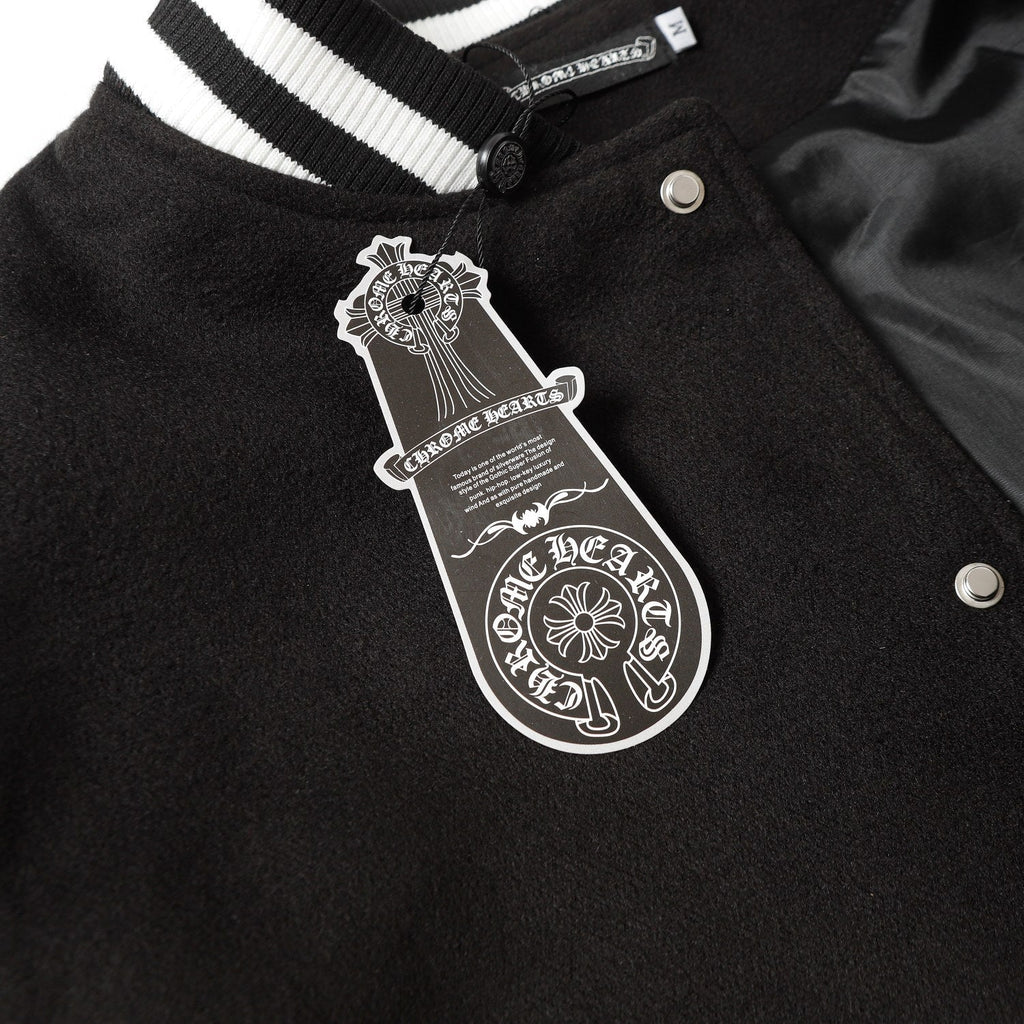 Cross Embroidered Leather Sleeve Varsity Jacket - Black Street Style 116